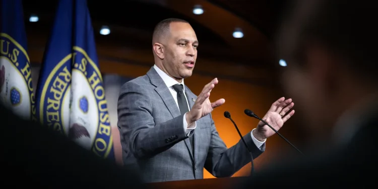 House Minority Leader Hakeem Jeffries holds his weekly press conference at the Capitol Washington, DC, May 16, 2024. Allison Bailey/Middle East Images/AFP/Getty Images