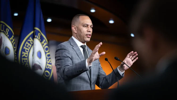 House Minority Leader Hakeem Jeffries holds his weekly press conference at the Capitol Washington, DC, May 16, 2024. Allison Bailey/Middle East Images/AFP/Getty Images