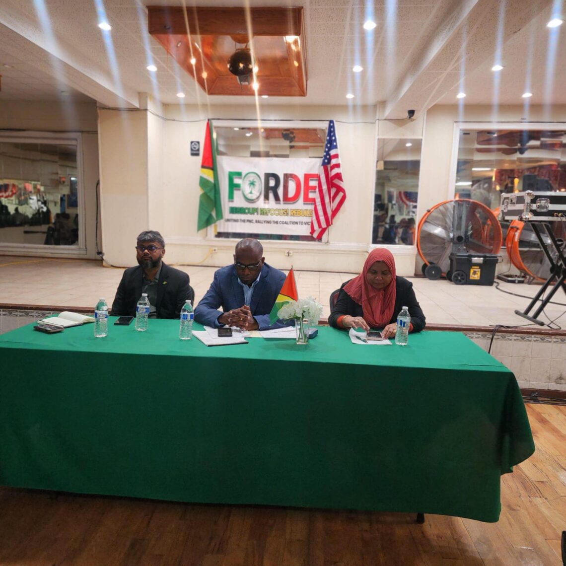 From left, former Mayor Pt. Ubraj Narine, Roysdale Forde SC, MP and Natasha Singh Lewis MP. Town hall at Woodbine Ballroom, Brooklyn N.Y on May 10, 2024