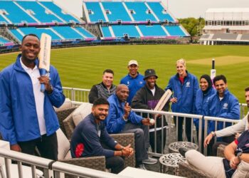 Usain Bolt and company at the Nassau County International Cricket Stadium.