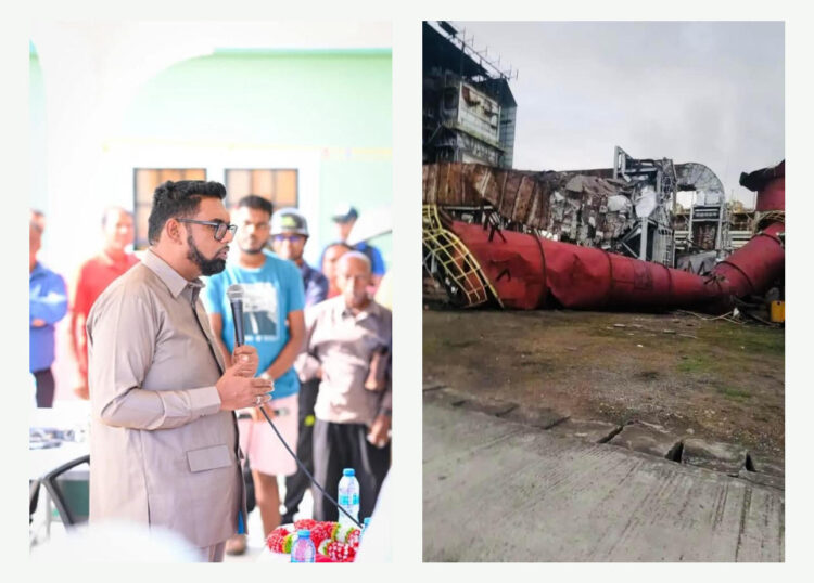 President Ifraan Ali (L) and caved in roof US$200 Skeldon (R)