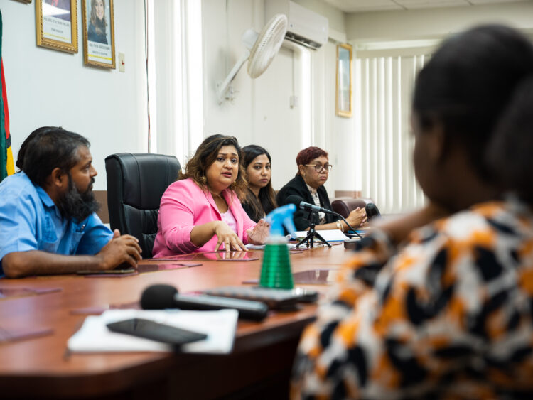 Minister of Education Priya Manickchand (center in pink) flanked by Chief Education Officer (right) Saddam Hussain and other ministry staff. May 15, 2024