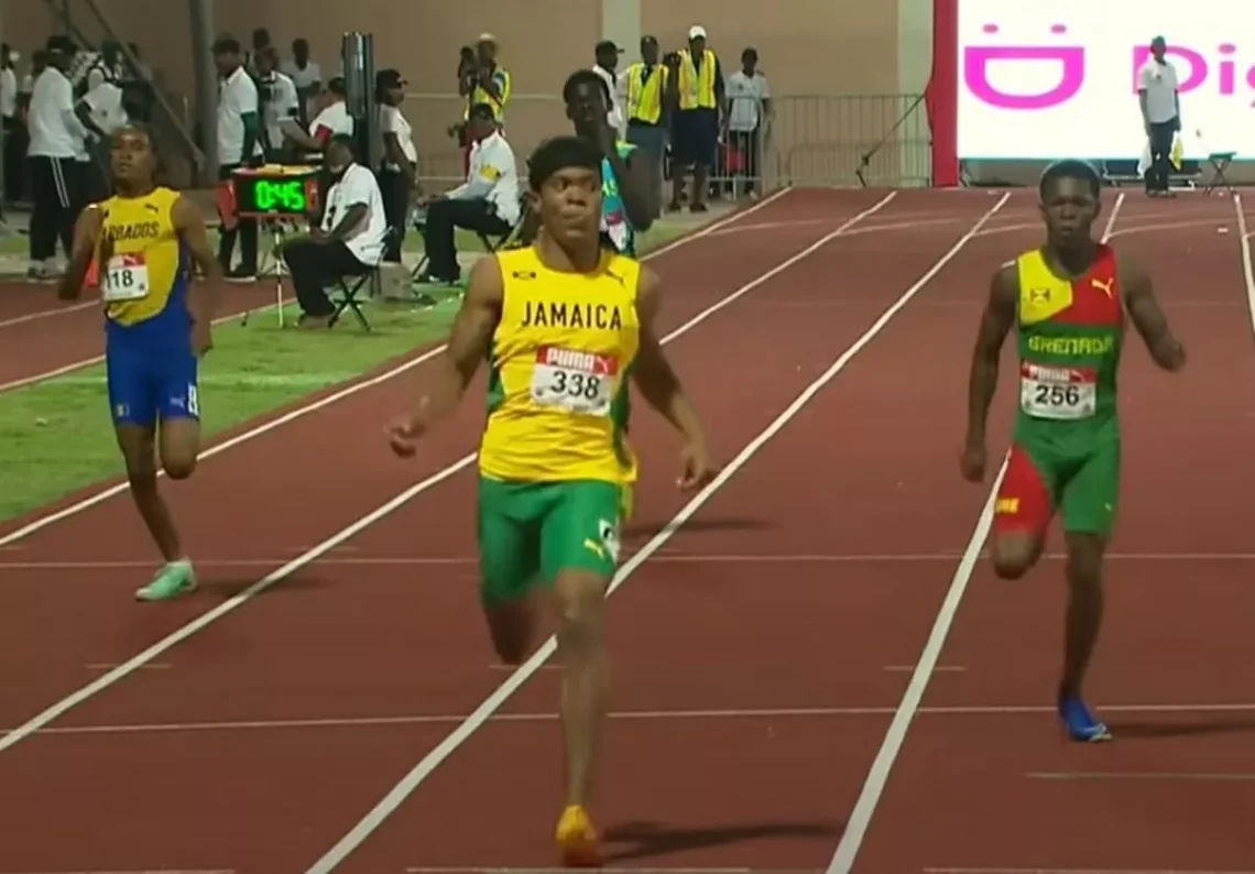 Nickecoy Bramwell as he broke Usain Bolt's under-17 400m world record ( Image: SportsMaxTV)