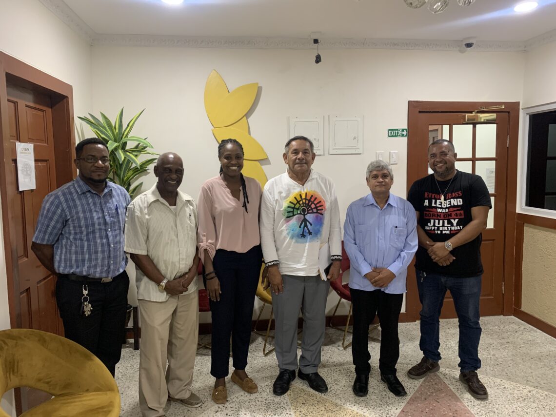 From Left to right in the photograph are Mr. Courdel Joseph, Exec. member of NFA; Mr. Keith Scott, Leader of NFA; Ms, Tabitha Sarabo-Halley, MP, Leader of GNB; Mr. Vincent Henry,MP, Leader of GAP; Mr. Jaipaul Sharma, Leader of ERJP and Mr. Errol Ross, Chair of GAP.