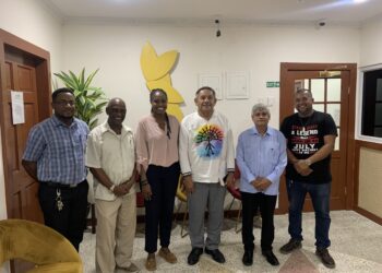 From Left to right in the photograph are Mr. Courdel Joseph, Exec. member of NFA; Mr. Keith Scott, Leader of NFA; Ms, Tabitha Sarabo-Halley, MP, Leader of GNB; Mr. Vincent Henry,MP, Leader of GAP; Mr. Jaipaul Sharma, Leader of ERJP and Mr. Errol Ross, Chair of GAP.