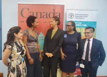 (from left): ThuTrang Nguyen, International Assistance Programme Officer, Global Affairs Canada; Abebech Assefa, Head of Cooperation for the Eastern Caribbean, Global Affairs Canada; Dr. Renata Clarke, FAO’s Sub-regional Coordinator for the Caribbean; Vermaran Extavour, Value Chain Expert and Project Coordinator, FAO’s Sub-regional Office for the Caribbean; and Roberto Sandoval, Disaster Risk Management Specialist, FAO’s Sub-regional Office for the Caribbean at the project launch at UN House in Barbados