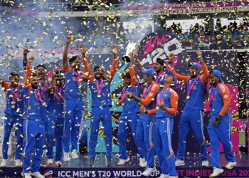India's players celebrate with the winners' trophy after winning against South Africa in the ICC Men's T20 World Cup final cricket match at Kensington Oval in Bridgetown, Barbados, on Saturday.
Ramon Espinosa/AP