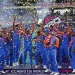 India's players celebrate with the winners' trophy after winning against South Africa in the ICC Men's T20 World Cup final cricket match at Kensington Oval in Bridgetown, Barbados, on Saturday.
Ramon Espinosa/AP
