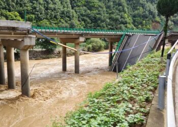 (240720) -- ZHASHUI, July 20, 2024 (Xinhua) -- This photo taken on July 20, 2024 shows the site of a bridge collapse in Zhashui County in Shangluo City, northwest China's Shaanxi Province.
Eleven people were confirmed dead as of Saturday morning following the partial collapse of a highway bridge in northwest China's Shaanxi Province, local authorities said.
The bridge, located in Zhashui County in Shangluo City, collapsed at approximately 8:40 p.m. on Friday due to a sudden downpour and flash floods, according to the provincial publicity department.
By 10 a.m. on Saturday, rescue teams had recovered five vehicles that had fallen into the river. Rescue operations are underway. (Xinhua)