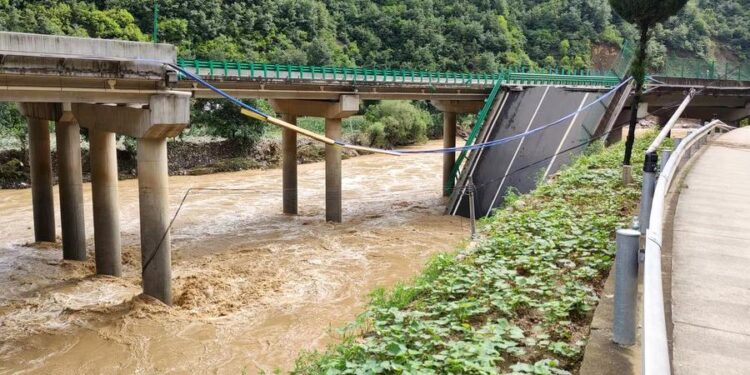 (240720) -- ZHASHUI, July 20, 2024 (Xinhua) -- This photo taken on July 20, 2024 shows the site of a bridge collapse in Zhashui County in Shangluo City, northwest China's Shaanxi Province.
  Eleven people were confirmed dead as of Saturday morning following the partial collapse of a highway bridge in northwest China's Shaanxi Province, local authorities said.
  The bridge, located in Zhashui County in Shangluo City, collapsed at approximately 8:40 p.m. on Friday due to a sudden downpour and flash floods, according to the provincial publicity department.
  By 10 a.m. on Saturday, rescue teams had recovered five vehicles that had fallen into the river. Rescue operations are underway. (Xinhua)