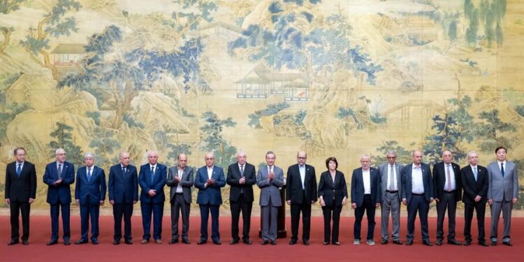 Chinese Foreign Minister Wang Yi, also a member of the Political Bureau of the Communist Party of China Central Committee, attends the closing ceremony of a reconciliation dialogue among Palestinian factions and witnesses the signing of a declaration on ending division and strengthening unity by 14 Palestinian factions, in Beijing, capital of China, July 23, 2024. (Xinhua/Zhai Jianlan)