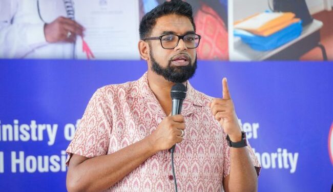 President Irfaan Ali delivers remarks at the land title handing over ceremony in Barnwell, Region Three