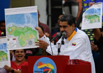 Nicolás Maduro, Venezuela’s president, at a rally in support of his government’s claim over the Guyanese territory in December. The referendum result was disputed by observers. Photograph: Anadolu/Getty