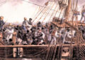 Enslaved Africans being transported aboard European ships to the Americas and th Caribbean