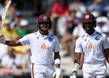 Kavem Hodge (left) celebrating his fifty alongside Alick Athanaze (right) on day two of the second Test between England and the West Indies at Trent Bridge.