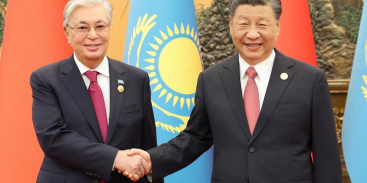 Chinese President Xi Jinping meets with Kazakh President Kassym-Jomart Tokayev at the Great Hall of the People in Beijing, capital of China, on October 17, 2023 (XINHUA)