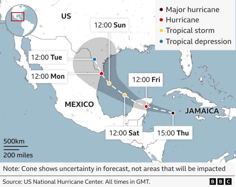 Predicted path of Hurricane Beryl