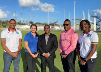 Photographed from L-R: Ryan Austin - West Indies Coach, Christina Sgobba - CG Sr. Marketing Manager, Senator, the Hon. Owen K. Darrell, Calvin Blankendal - Bermuda Cricket Board Executive Director, and Britney Cooper - West Indies Coach.