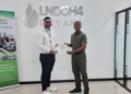 From left to right; Mr. Humberto Lopez, Country Manager of LNDCH4 Guyana and Allex Harte, Second Place Winner of the LNDCH4 Guyana Essay Competition.
