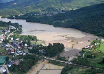 This photo taken from a helicopter on July 29, 2024 shows parts of the disaster-stricken areas in Zixing, central China's Hunan Province. (Xinhua/Chen Zhenhai)