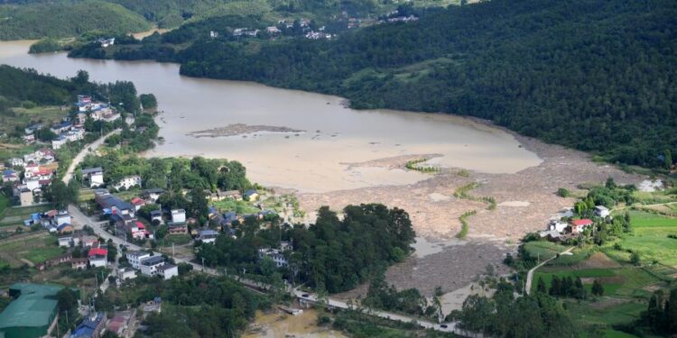 This photo taken from a helicopter on July 29, 2024 shows parts of the disaster-stricken areas in Zixing, central China's Hunan Province. (Xinhua/Chen Zhenhai)