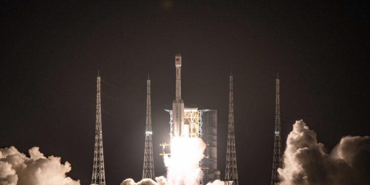 A modified Long March-7 carrier rocket carrying the ChinaSat 4A satellite blasts off from the Wenchang Space Launch Site on the coast of southern island province of Hainan, Aug. 22, 2024.  (Photo by Du Xinxin/Xinhua)