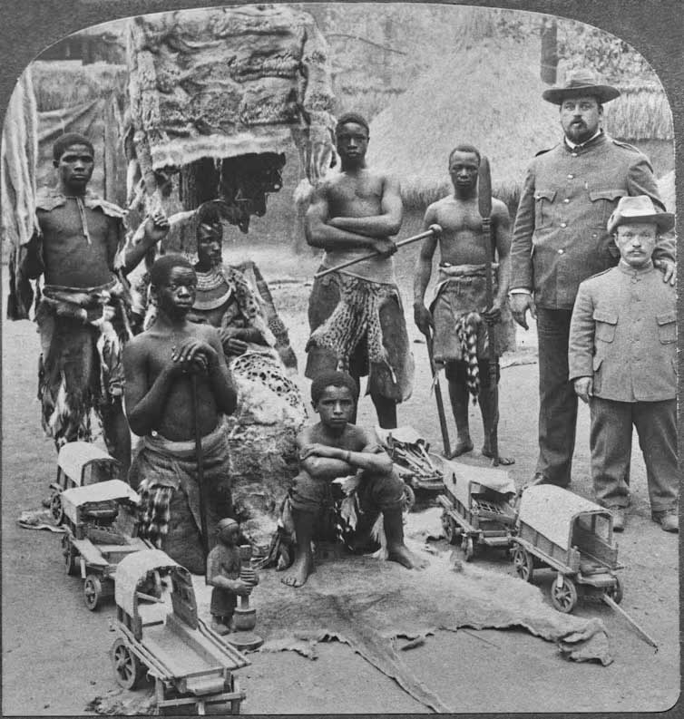 A delegation of Sotho men with Boers at the world’s fair display. Underwood & Underwood/Graphic House/Archive Photos/Getty Images