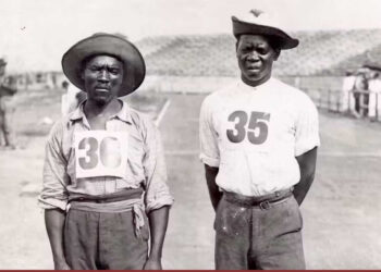 1904 Olympic marathon participants Len Tau (left) and Jan Mashiani of South Africa. Missouri History Museum