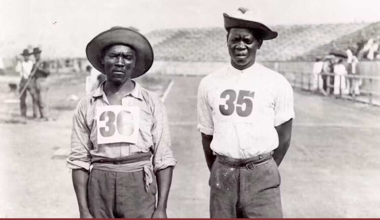 1904 Olympic marathon participants Len Tau (left) and Jan Mashiani of South Africa. Missouri History Museum