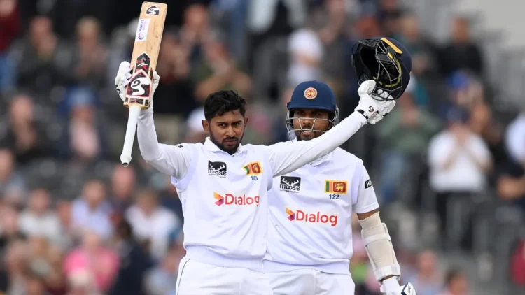 Kamindu Mendis celebrates his third Test hundred • Gareth Copley/Getty Images