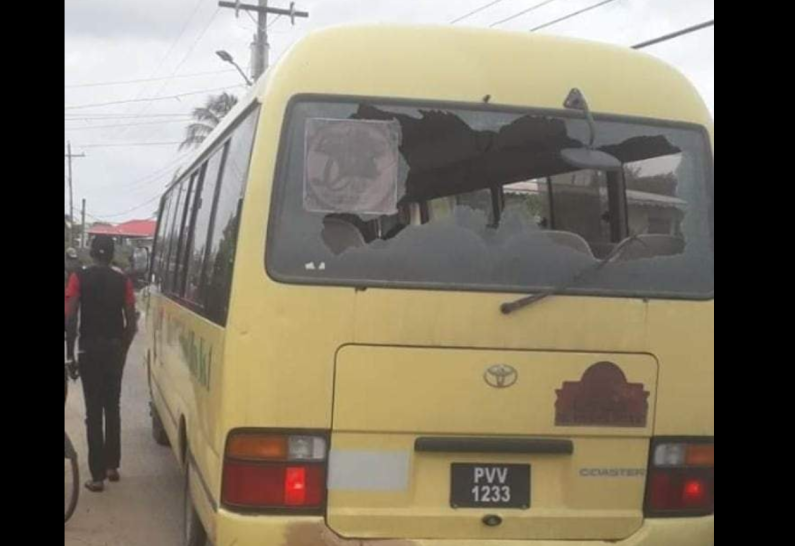 School bus attacked by PPP protesters at Bath Settlement, March 6, 2020 (News Source photo)