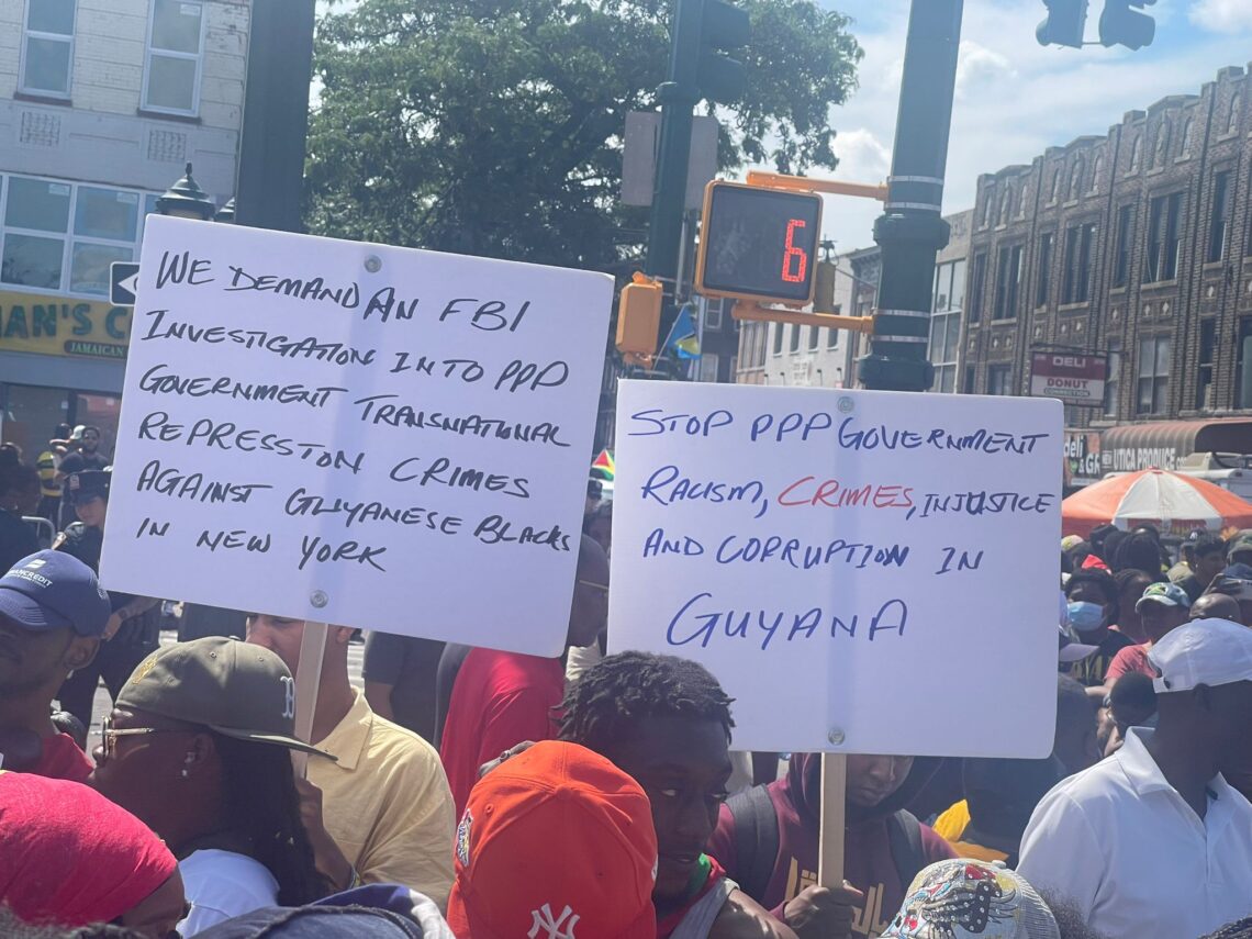 Protest on Eastern Parkway, Brooklyn USA, at West Indian Labour Day Parade, Sept 2, 2024.
