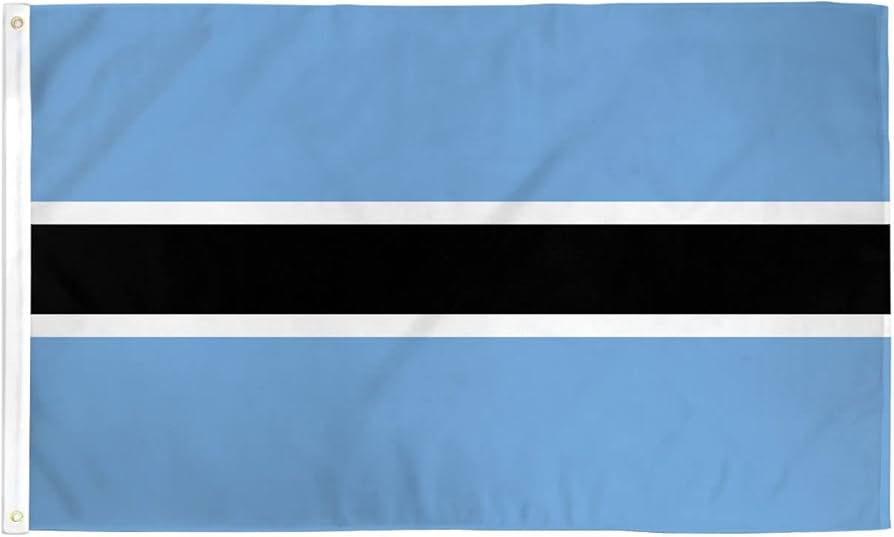 FLAG: BOTSWANA, proclaimed in the flag's central black stripe and its white bordering stripes a belief in RACIAL COOPERATION and EQUALITY. The light BLUE background of the flag is associated with the SKY and with WATER, a scarce and precious commodity in the vast Kalahari desert.