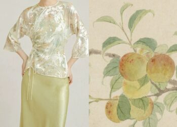 A New Chinese Style dress and ancient Chinese painting. [Photo provided to chinadaily.com.cn]