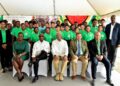 Flashback March 2019 photo. Students of the now defunct Bertram Collins College (background). Foreground are then President David Granger (seated, centre) is flanked by, from left to right, seated, Minister of Education, Ms. Nicolette Henry; Minister of Foreign Affairs, Mr. Carl Greenidge; Minister of Indigenous Peoples’ Affairs, Mr. Sydney Allicock and Minister of Social Cohesion, Dr. George Norton.