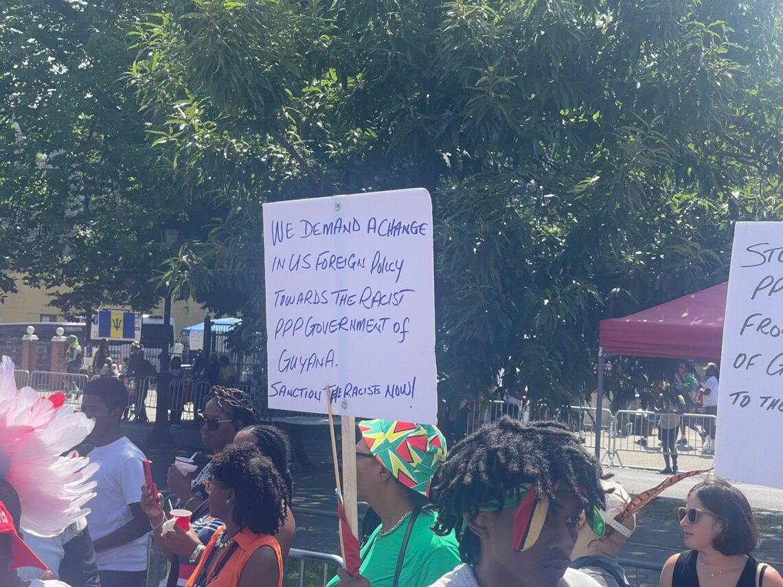 Protest on Eastern Parkway, Brooklyn USA, at West Indian Labour Day Parade, Sept 2, 2024.
