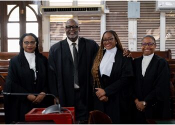 From left Honourable Chancellor Yonette Cummings-Edwards, Stephen Fraser, S.C., Sydney Amaliya Fraser  and Honourable Chief Justice, Roxanne George-Wiltshire