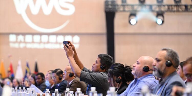 Participants attend the opening ceremony of the 6th World Media Summit in Urumqi, capital city of northwest China's Xinjiang Uygur Autonomous Region, Oct. 14, 2024. (Xinhua/Mu Yu)