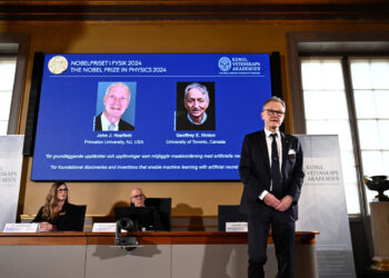 The 2024 Nobel Prize in Physics is announced in Stockholm, Sweden, Oct 8, 2024. The 2024 Nobel Prize in Physics went to two scientists, John J Hopfield and Geoffrey E Hinton, for foundational discoveries and inventions that enable machine learning with artificial neural networks, the Royal Swedish Academy of Sciences said on Tuesday. [Photo/Agencies]
