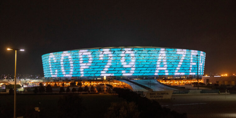 A night view shows the venue of the United Nations climate change conference, known as COP29, in Baku, Azerbaijan, Nov 11, 2024. [Photo/Agencies]