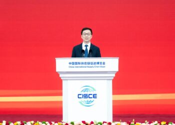 Chinese Vice President Han Zheng delivers a speech while attending the opening ceremony of the second China International Supply Chain Expo in Beijing, capital of China, Nov. 26, 2024. (Xinhua/Zhai Jianlan)