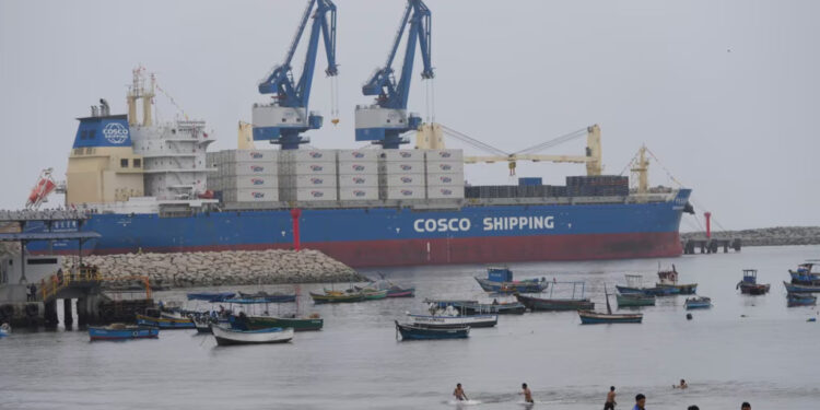 A cargo ship sits in a Chinese-funded port in Chancay, Peru, Nov. 12, 2024. Chinese President Xi Jinping will inaugurate the $3.5 billion Chancay port with his Peruvian counterpart Dina Boluarte on Nov. 14.