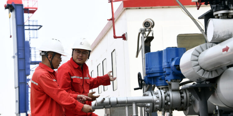 Sinopec employees check CCUS equipment operations in Dongying, Shandong province. [Photo/Xinhua]