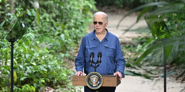 President Joe Biden speaks during a visit to the Amazon rainforest in Manaus, Brazil, on November 17, 2024. Saul Loeb/AFP/Getty Images