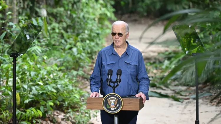 President Joe Biden speaks during a visit to the Amazon rainforest in Manaus, Brazil, on November 17, 2024. Saul Loeb/AFP/Getty Images