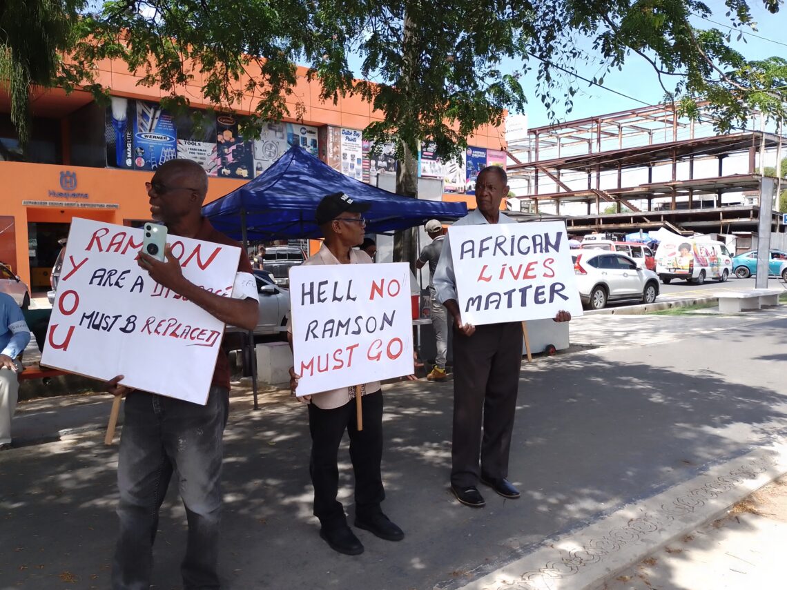 From left GTUC President Norris Witter, GWU Organiser Clarence Whitehead, .GTUC General Secretary Lincoln Lewis protesting at the Ministry of Youth, Sports and Culture, November 19, 2024