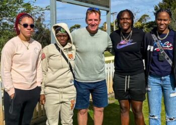 West Indies Women's Assistant Head Coach Damien Wright with players from left, Cherry-Ann Fraser, Jannillea Glasgow, Shawnisha Hector and Kate Wilmott.