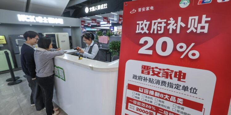 Customers apply for subsidies under the trade-in program for consumer goods in Hangzhou City, east China's Zhejiang Province, Oct. 31, 2024. (Xinhua/Xu Yu)