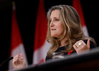 Chrystia Freeland speaks in Ottawa, the capital, in November. Photograph: Blair Gable/Reuters
