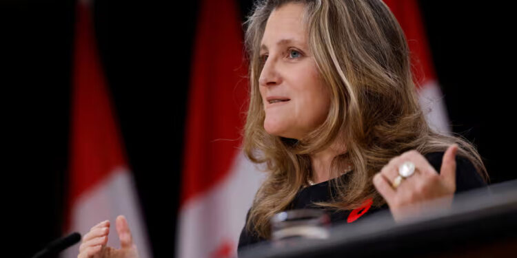 Chrystia Freeland speaks in Ottawa, the capital, in November. Photograph: Blair Gable/Reuters